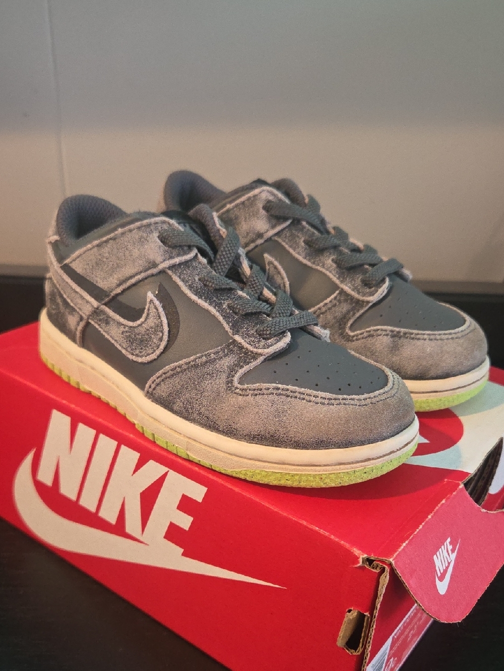 Nike Dunk Low Halloween Kids Gray Suede & Lime-Trim Sneaker
